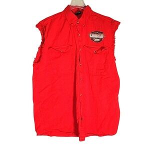 Laughlin 2007 Red Sleeveless Button Up Shirt‎ Biker Rocker Festival raw hem logo